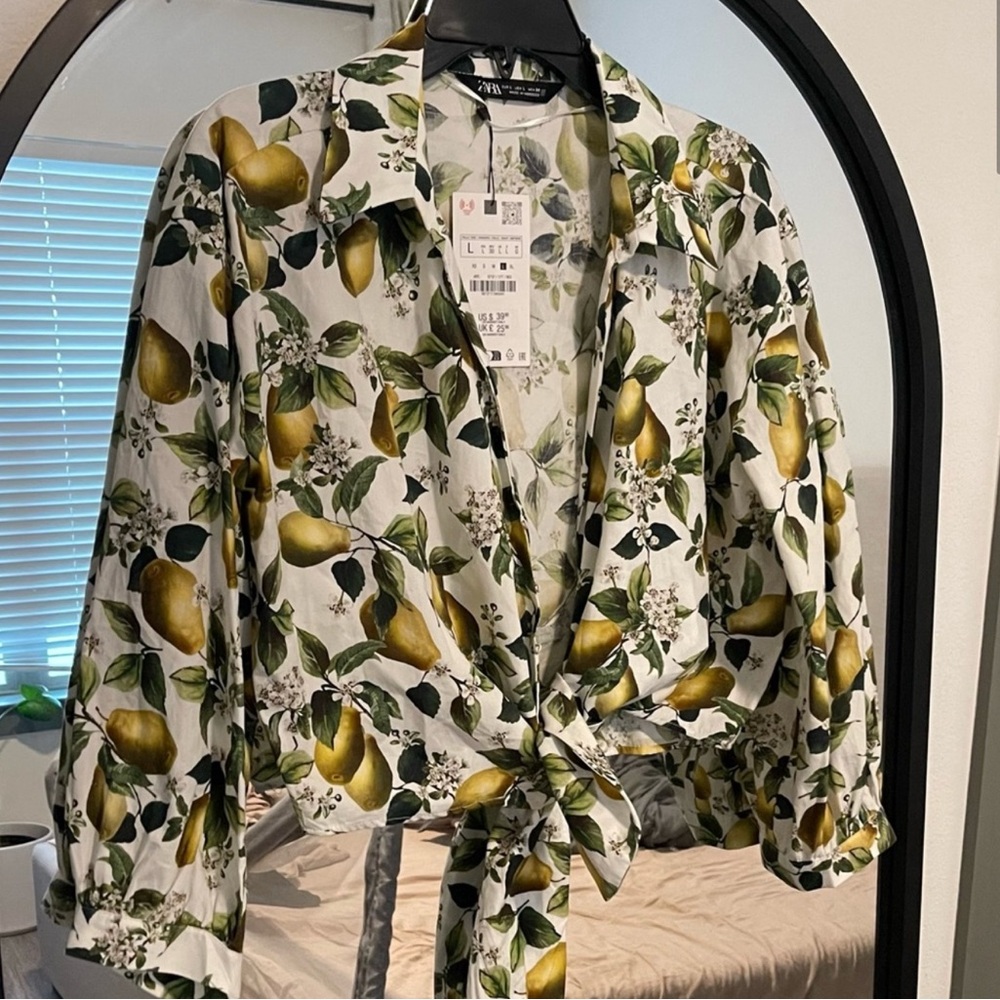 Zara Green and Yellow Pear Print Blouse